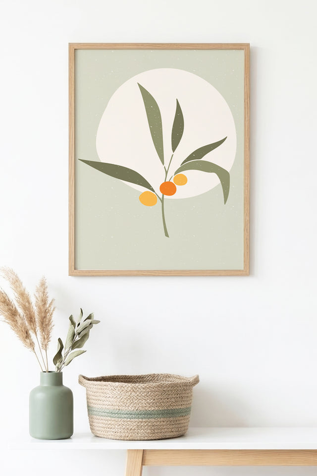 Doğal Ahşap Çerçeveli Minimal Yaprak Desenli Tablo - Pastel Tonlar | huhu1500