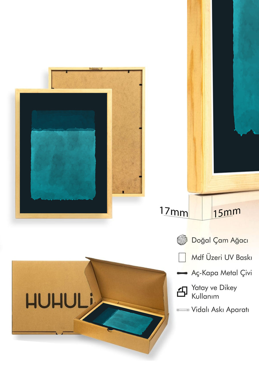 Doğal Ahşap Çerçeveli Soyut Mavi Desenli Tablo - Canlı Tonlar | huhu1445