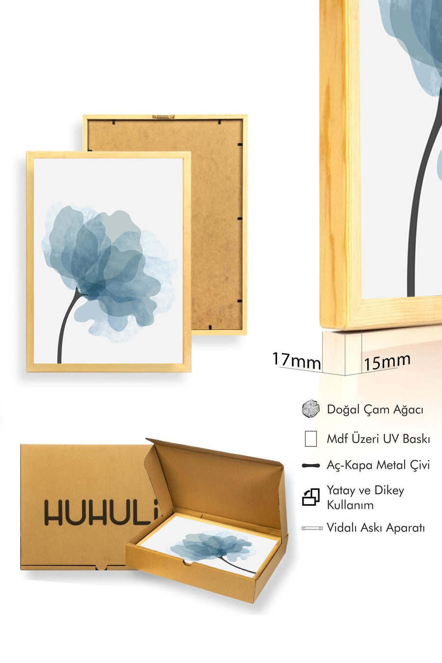 Doğal Ahşap Çerçeveli Minimal Çiçek Desenli Tablo - Mavi Tonlar | huhu1015