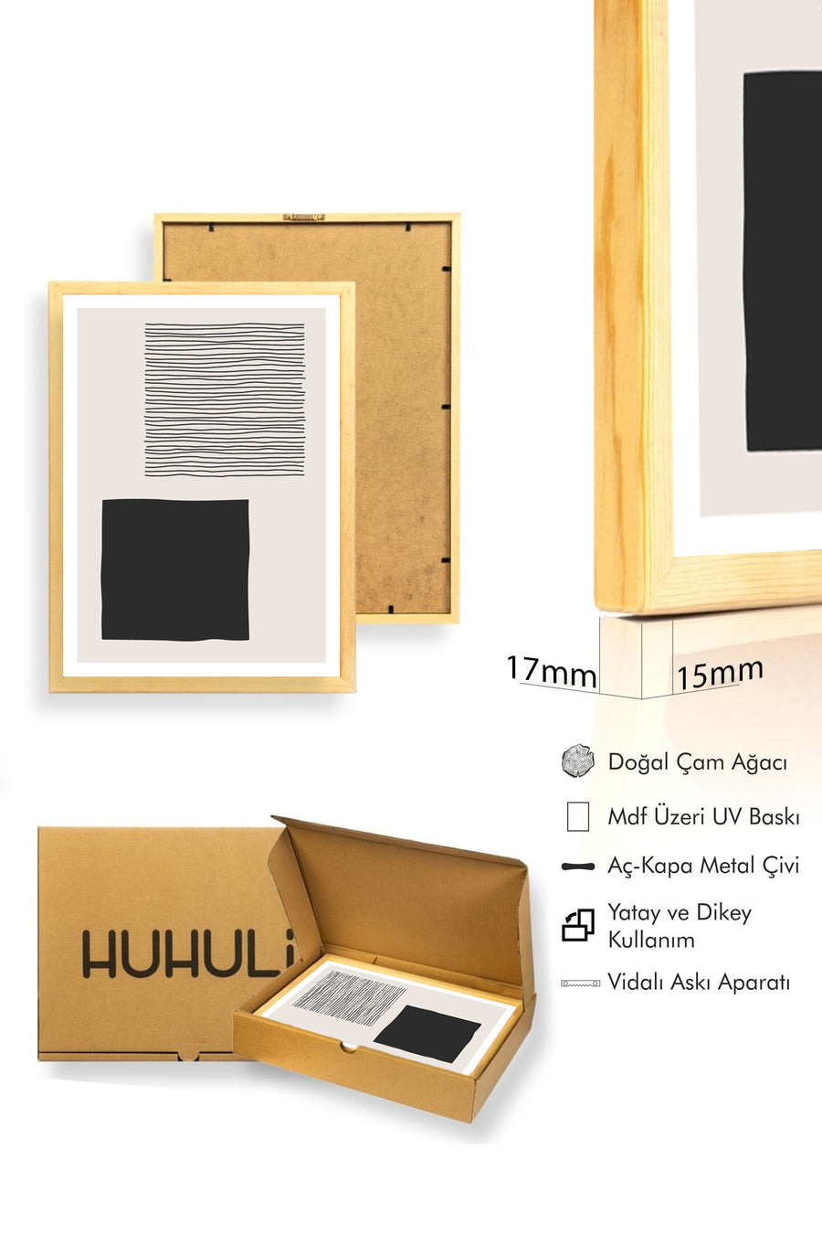 Doğal Ahşap Çerçeveli Minimal Çizgili Tablo - Siyah Beyaz | huhu1565
