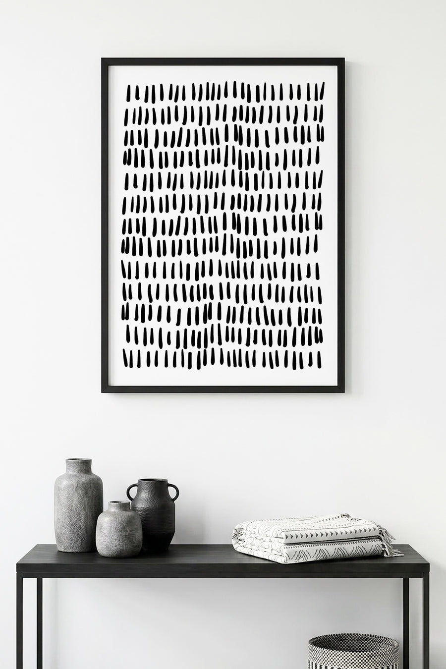 Doğal Ahşap Çerçeveli Minimal Siyah Desenli Tablo - Soyut | huhu1079