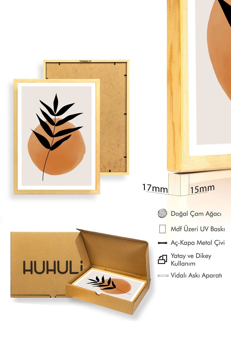 Doğal Ahşap Çerçeveli Minimal Yaprak Desenli Tablo - Pastel Tonlar | huhu1465