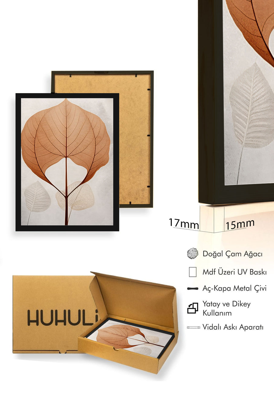 Doğal Ahşap Çerçeveli Yaprak Desenli Tablo - Minimal | huhu1322