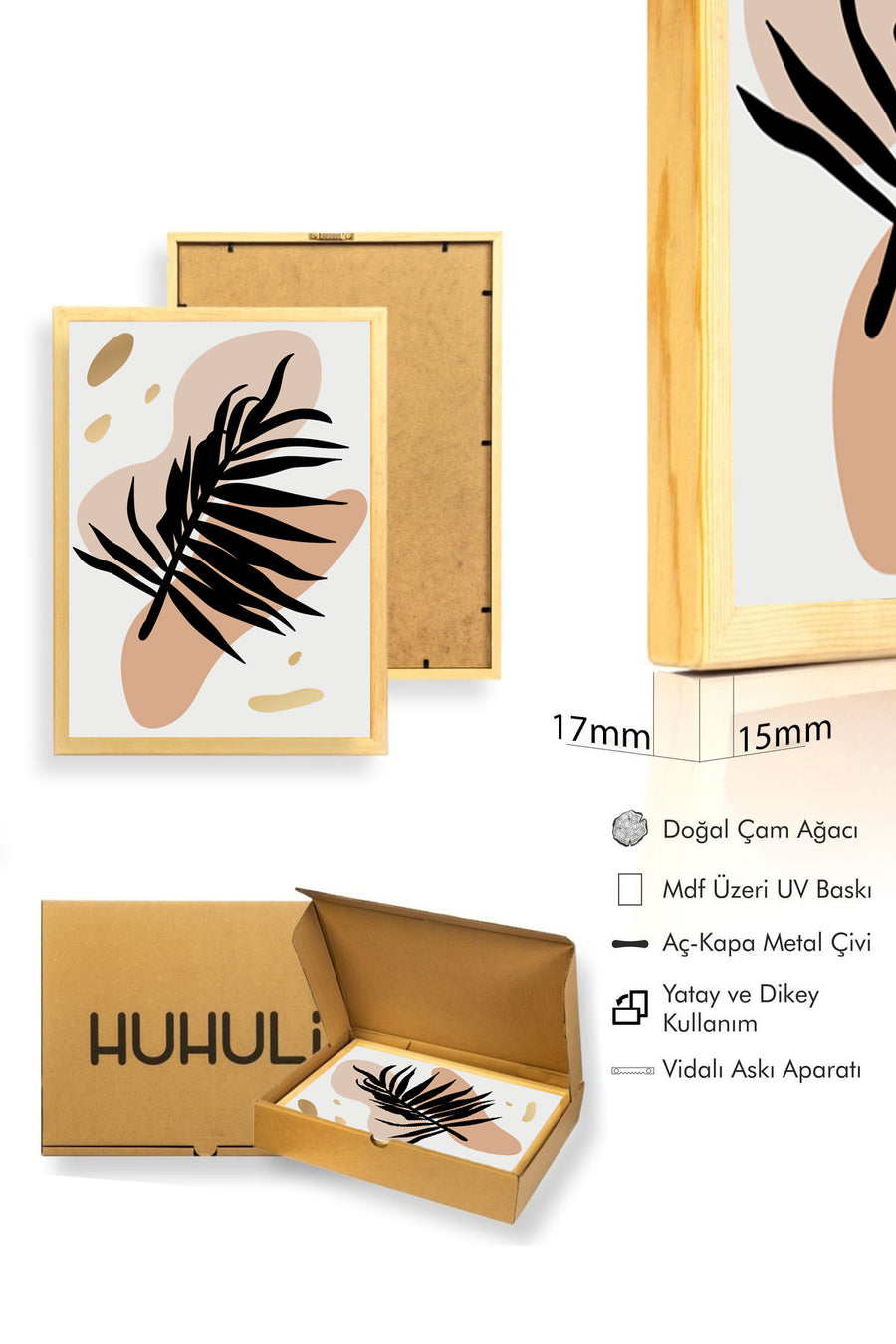 Doğal Ahşap Çerçeveli Minimal Yaprak Desenli Tablo - Pastel Tonlar | huhu1402