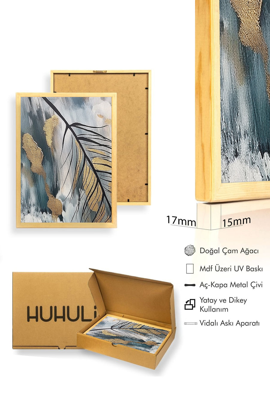 Doğal Ahşap Çerçeveli Soyut Yaprak Desenli Tablo - Canlı Tonlar | huhu1310