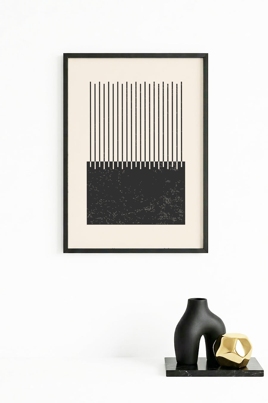 Doğal Ahşap Çerçeveli Minimal Çizgili Tablo - Siyah Beyaz | huhu1428