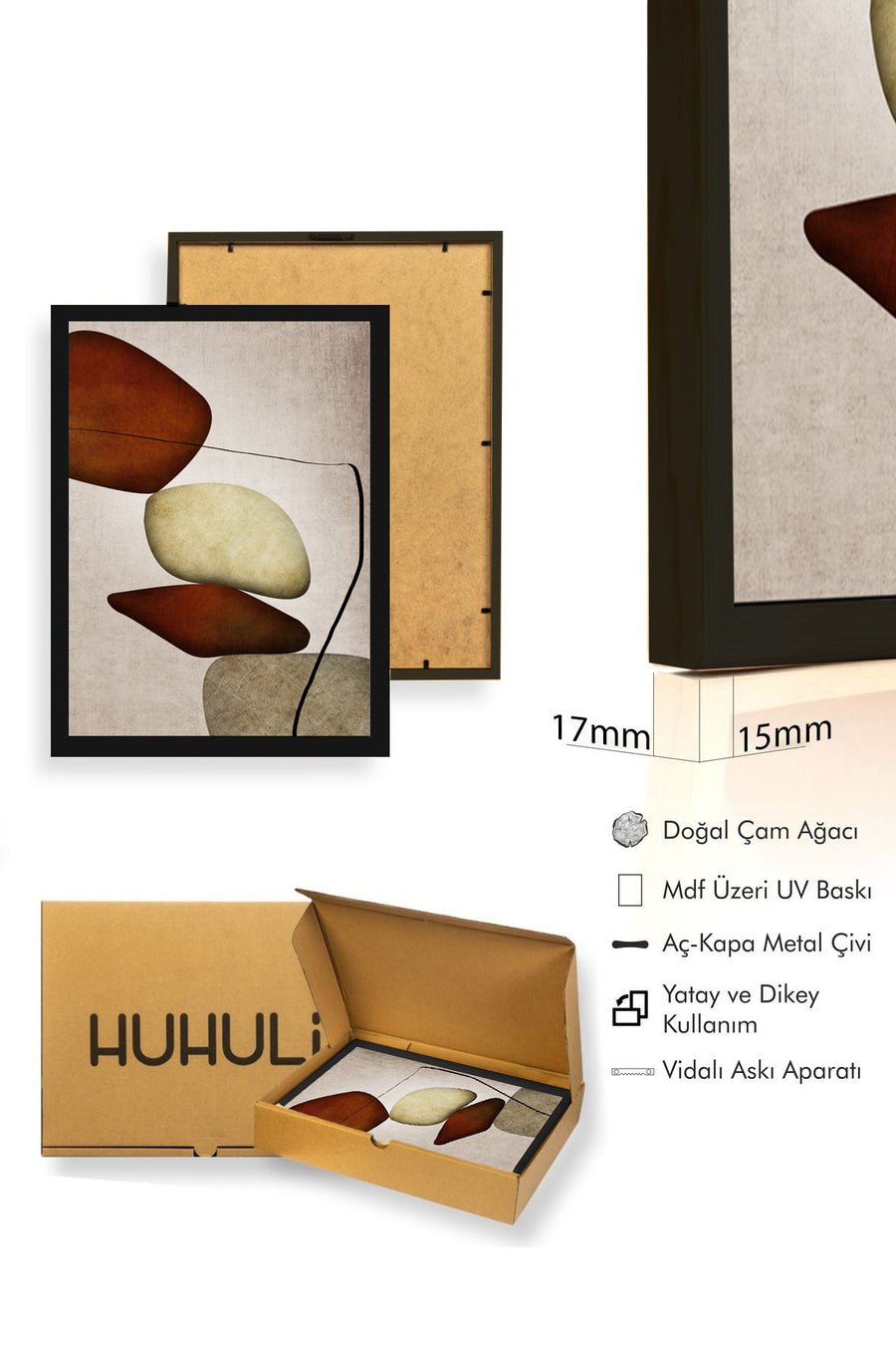 Doğal Ahşap Çerçeveli Soyut Taş Desenli Tablo - Pastel Tonlar | huhu1290