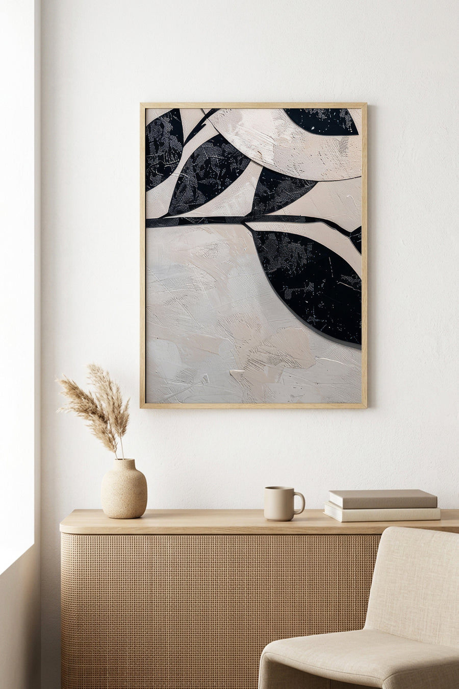 Doğal Ahşap Çerçeveli Minimal Yaprak Desenli Tablo - Siyah-Beyaz | huhu1279