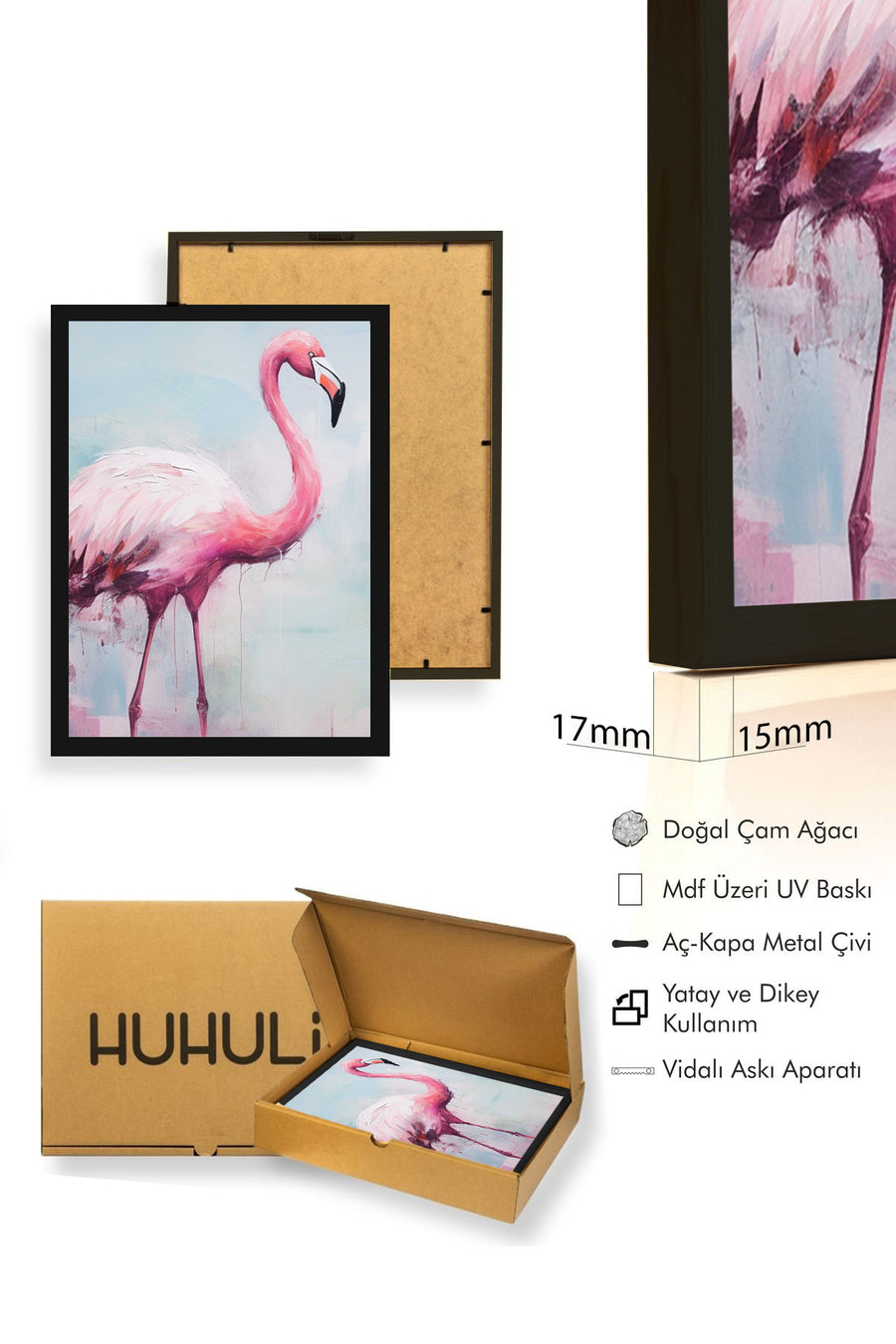 Doğal Ahşap Çerçeveli Çiçek Desenli Tablo - Canlı Tonlar | huhu1304