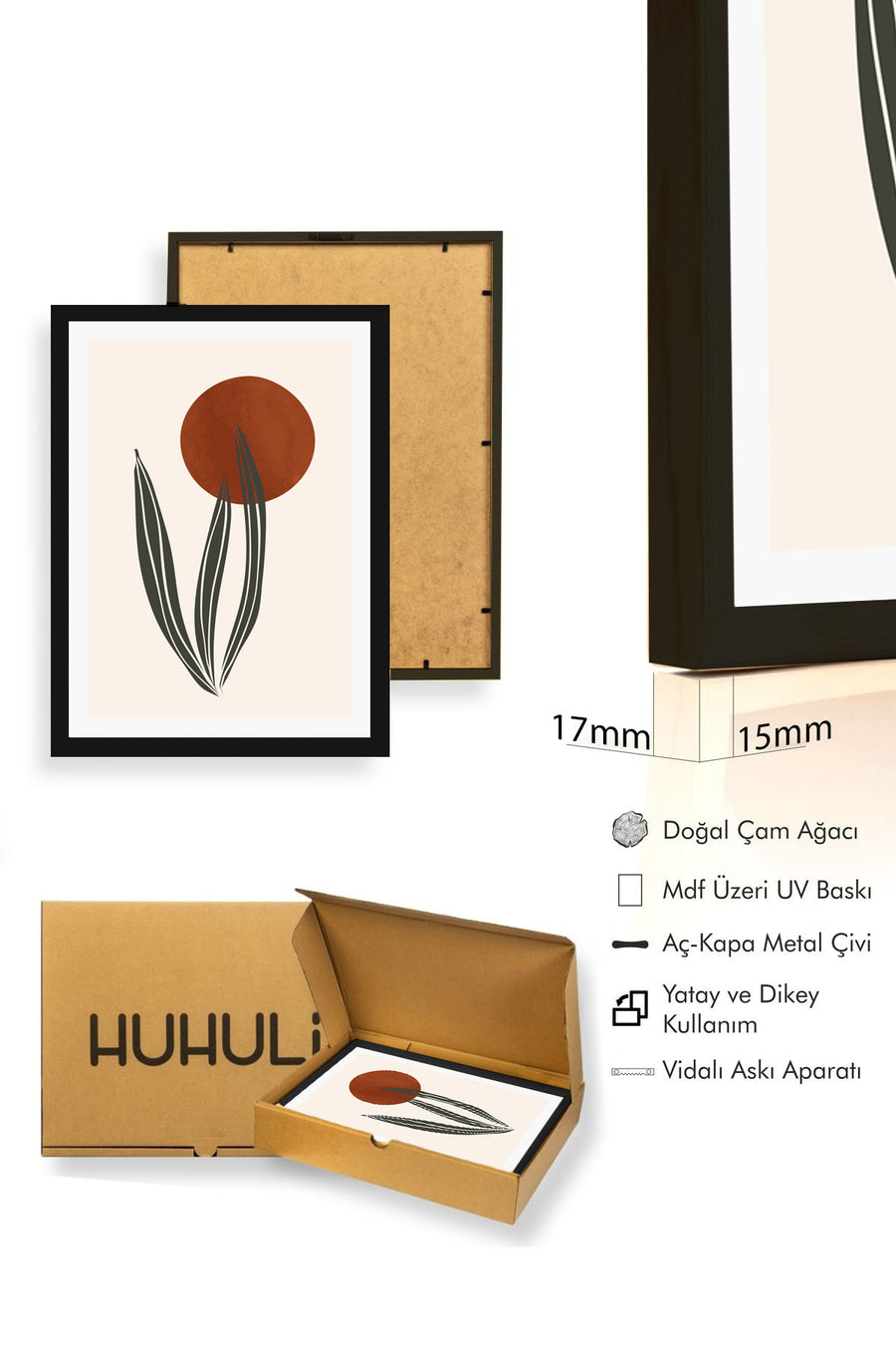 Doğal Ahşap Çerçeveli Soyut Yaprak Desenli Tablo - Pastel | huhu1040