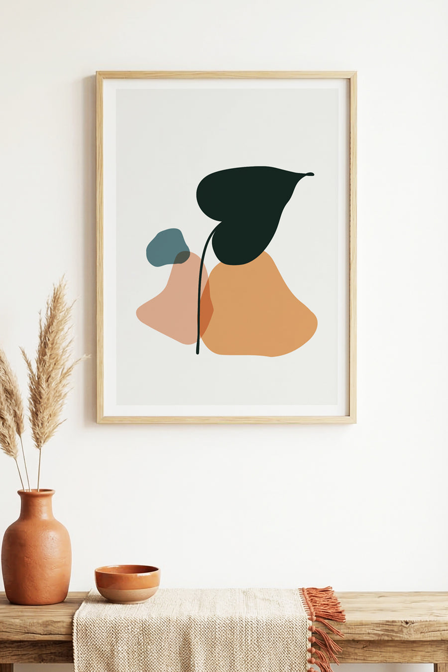 Doğal Ahşap Çerçeveli Minimal Yaprak Desenli Tablo - Pastel Tonlar | huhu1518