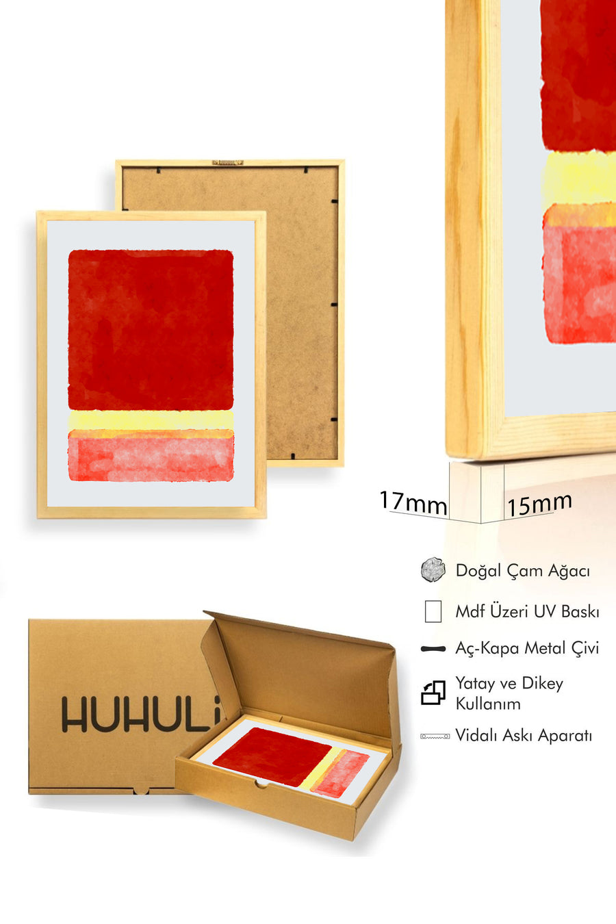 Doğal Ahşap Çerçeveli Soyut Desenli Tablo - Canlı Tonlar | huhu1450