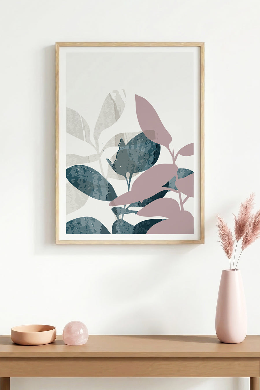 Doğal Ahşap Çerçeveli Yaprak Desenli Tablo - Pastel Tonlar | huhu1516