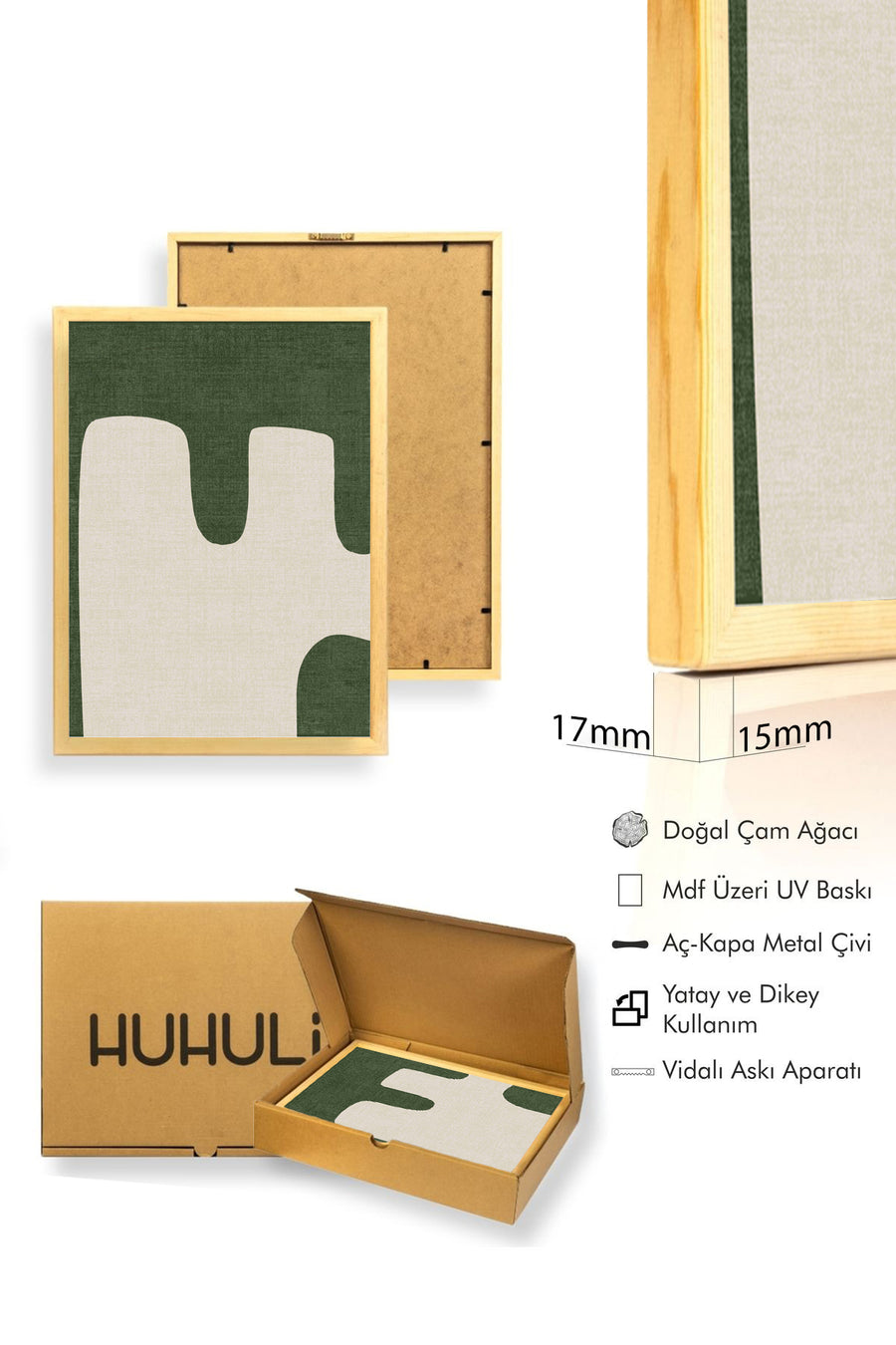 Doğal Ahşap Çerçeveli Geometrik Desenli Tablo - Yeşil-Beyaz | huhu1005