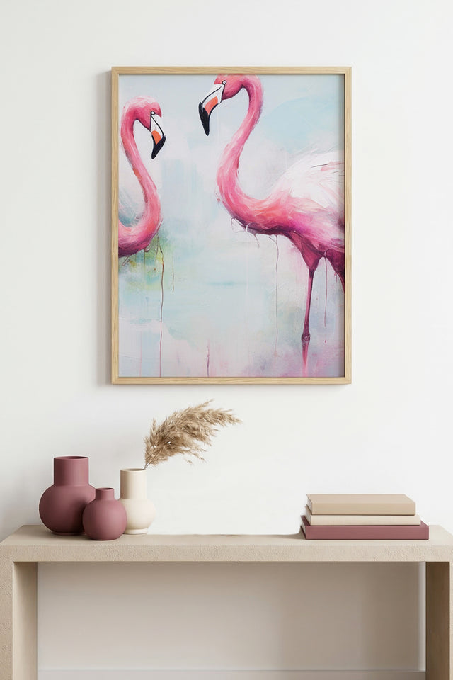 Doğal Ahşap Çerçeveli Flamingo Desenli Tablo - Pastel Tonlar | huhu1303
