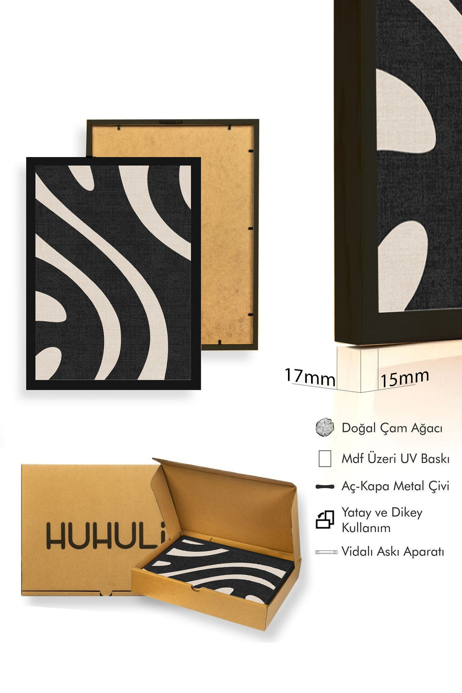 Doğal Ahşap Çerçeveli Geometrik Desenli Tablo - Siyah-Beyaz | huhu1008