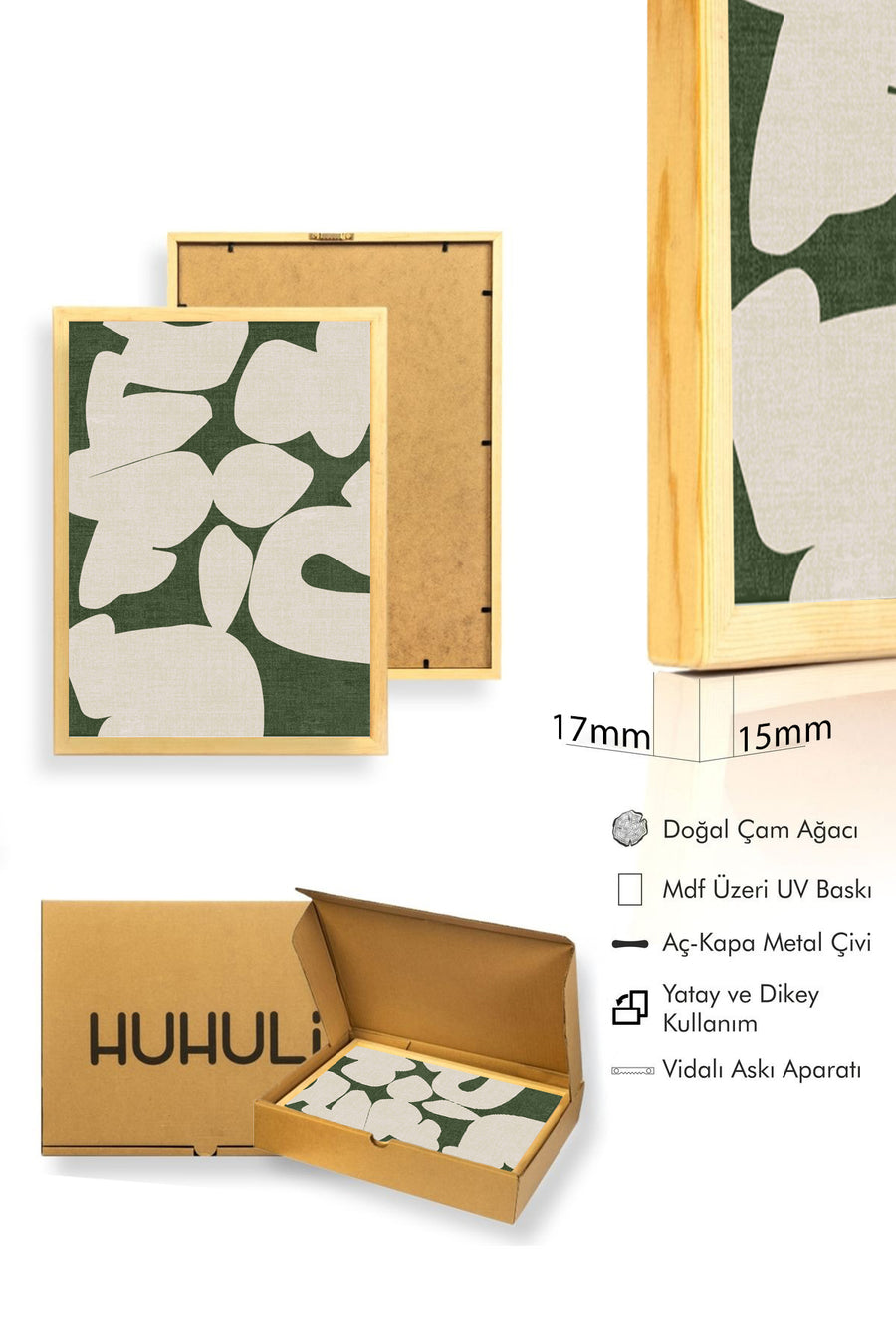 Doğal Ahşap Çerçeveli Soyut Desenli Tablo - Yeşil-Beyaz | huhu1006