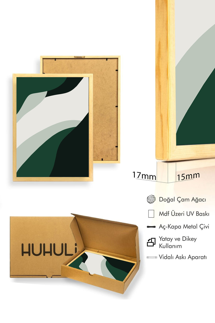 Doğal Ahşap Çerçeveli Minimal Desenli Tablo - Yeşil-Beyaz | huhu1010