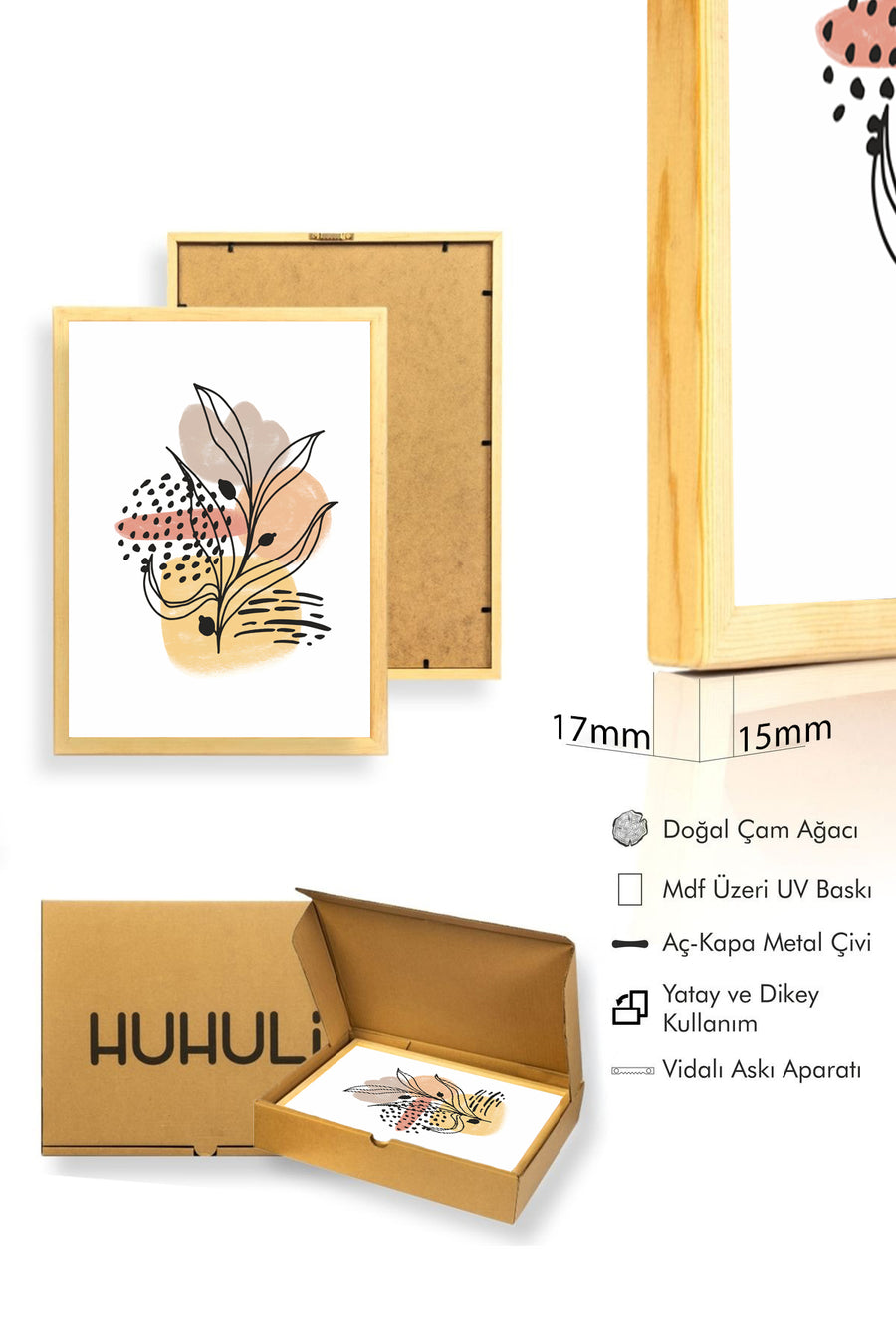 Doğal Ahşap Çerçeveli Minimal Yaprak Desenli Tablo - Canlı Tonlar | huhu1050
