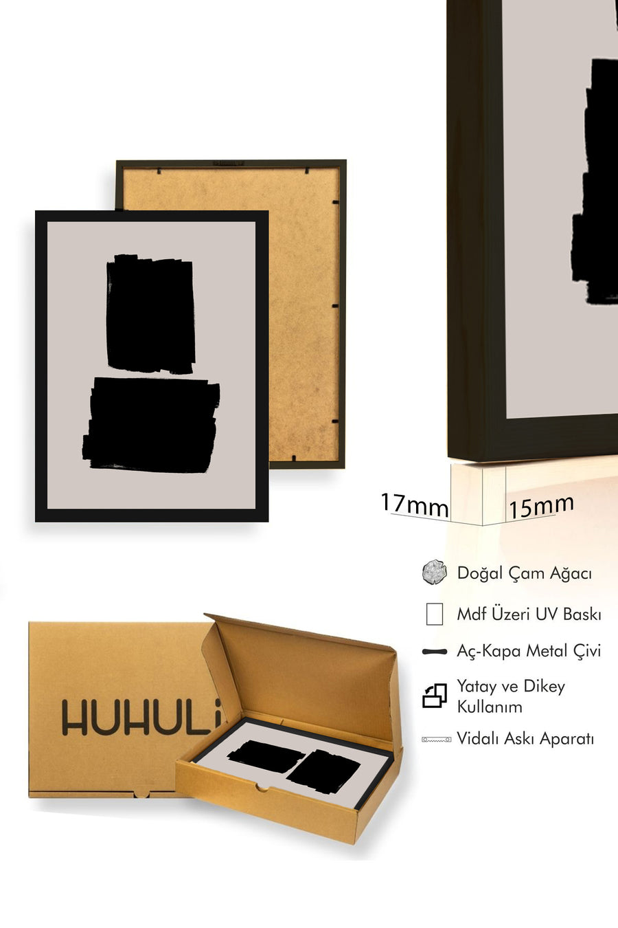 Doğal Ahşap Çerçeveli Soyut Siyah Desenli Tablo - Minimal | huhu1071