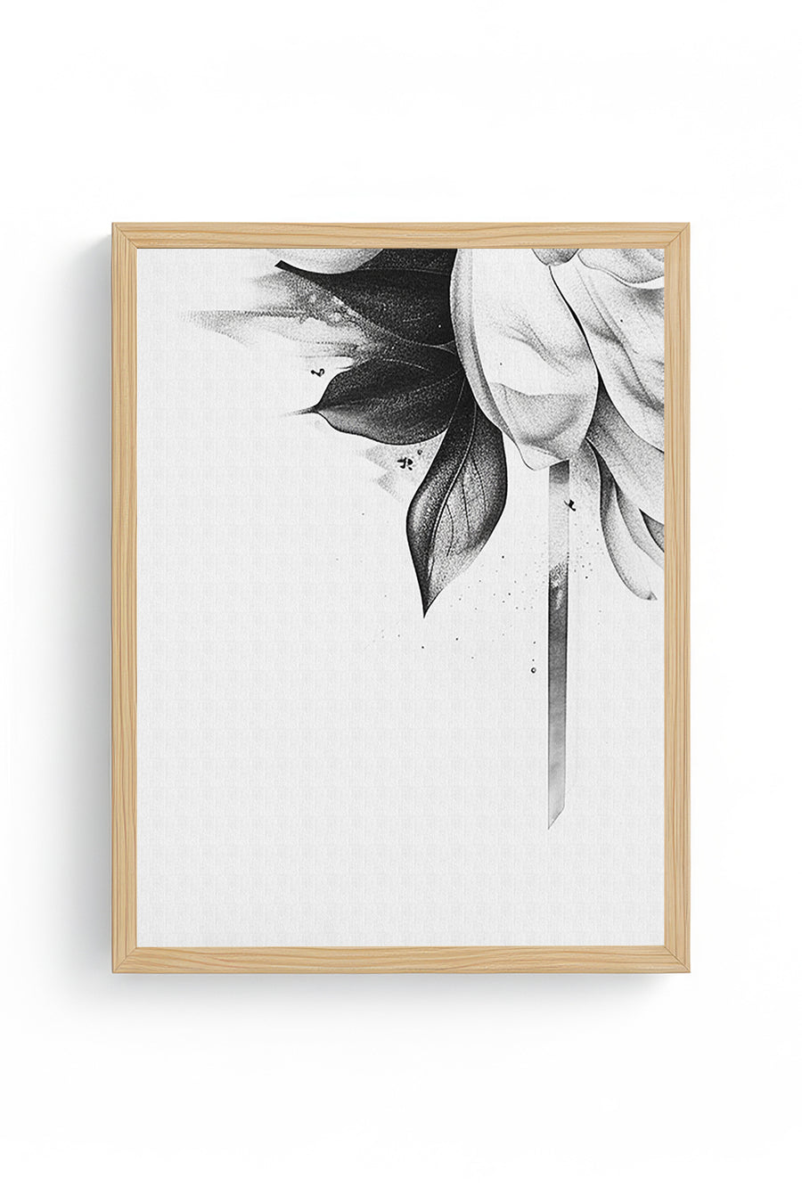 Doğal Ahşap Çerçeveli Minimal Siyah Beyaz Çiçek Desenli Tablo - Modern Tema | huhu1315