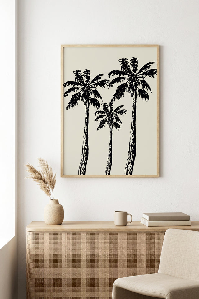 Doğal Ahşap Çerçeveli Minimal Palm Ağaçları Desenli Tablo - Siyah-Beyaz | huhu1074