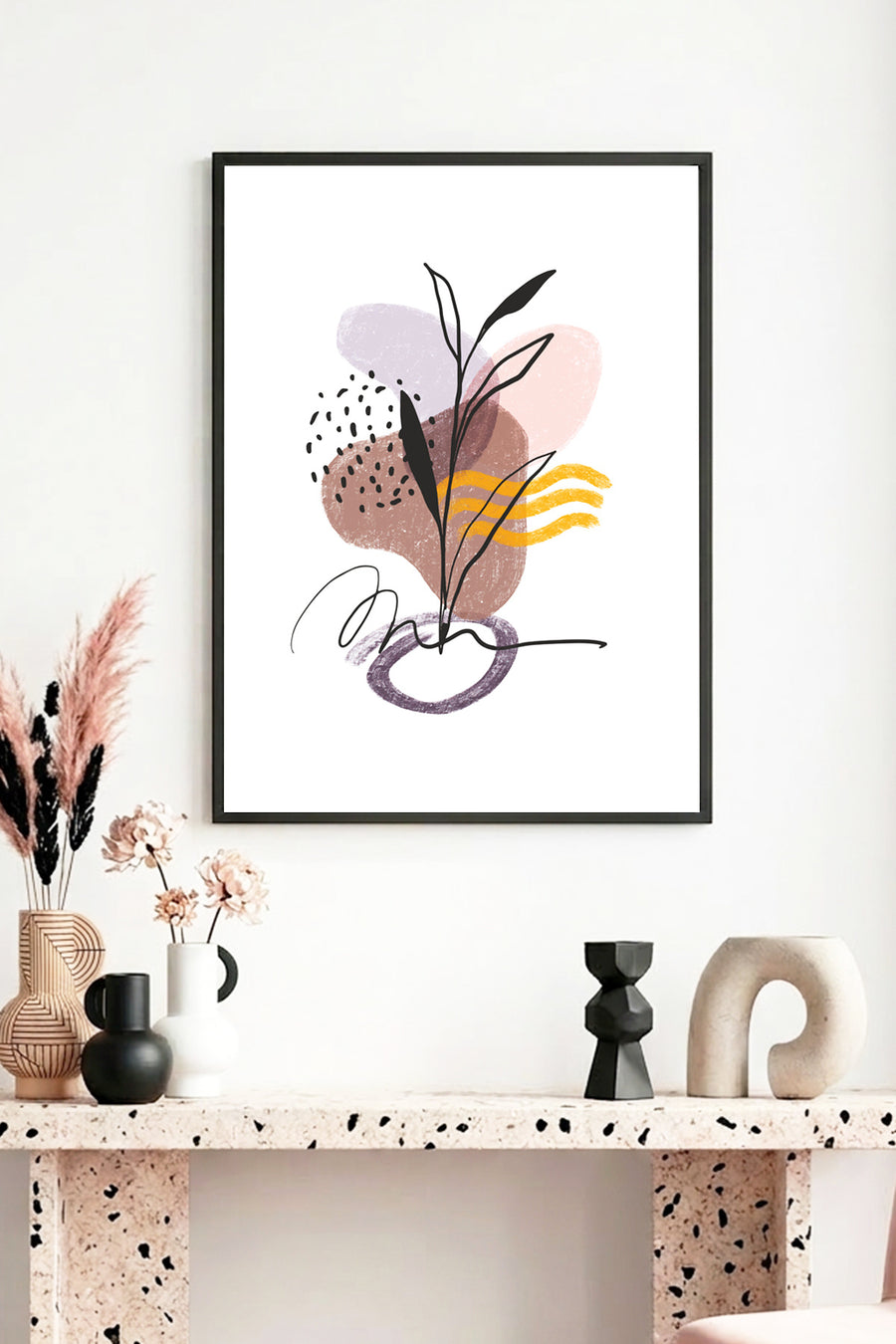 Doğal Ahşap Çerçeveli Soyut Bitki Desenli Tablo - Pastel Tonlar | huhu1057