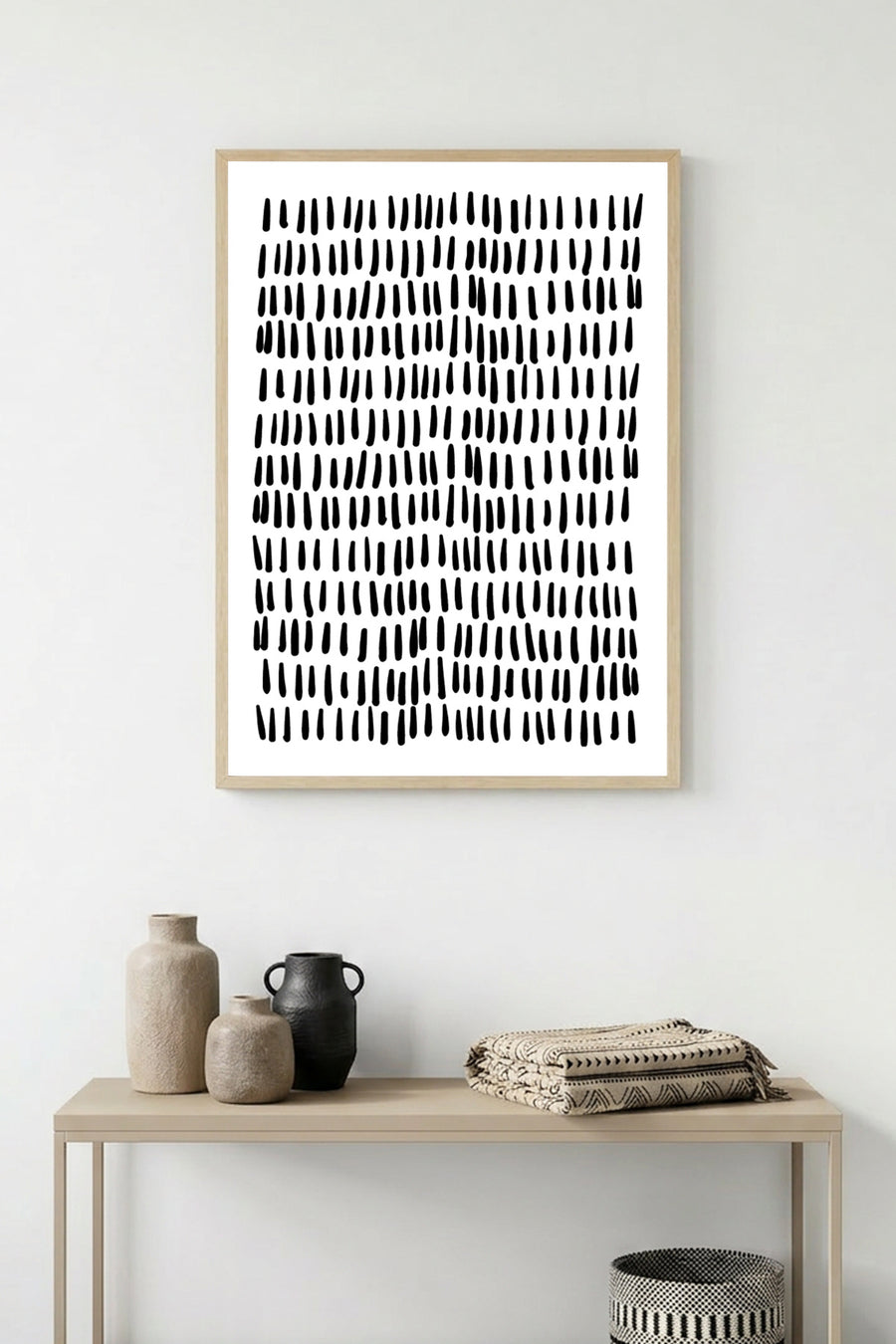 Doğal Ahşap Çerçeveli Minimal Siyah Desenli Tablo - Soyut | huhu1079