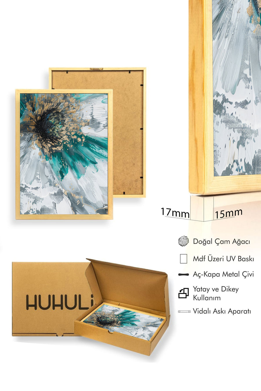 Doğal Ahşap Çerçeveli Soyut Desenli Tablo - Canlı Tonlar | huhu1295
