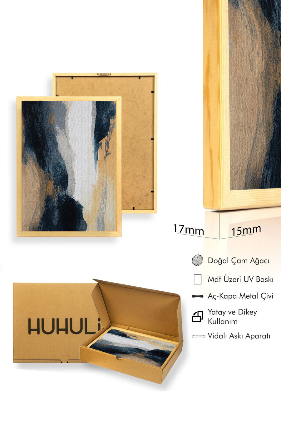 Doğal Ahşap Çerçeveli Soyut Desenli Tablo - Canlı Tonlar | huhu1330