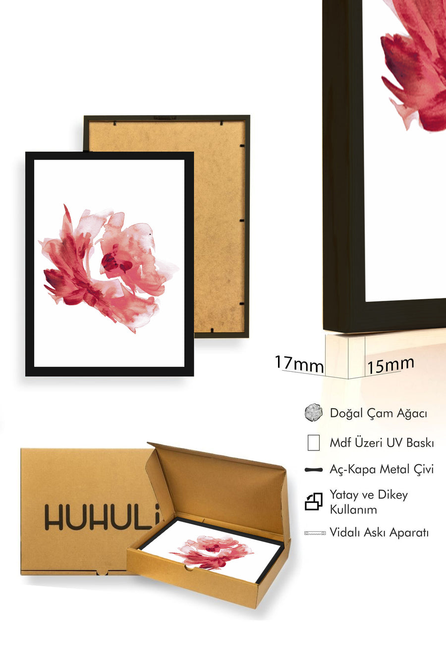 Doğal Ahşap Çerçeveli Çiçek Desenli Tablo - Pastel Tonlar | huhu1043