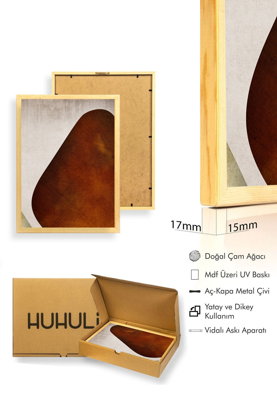 Doğal Ahşap Çerçeveli Minimal Desenli Tablo - Kahverengi | huhu1289