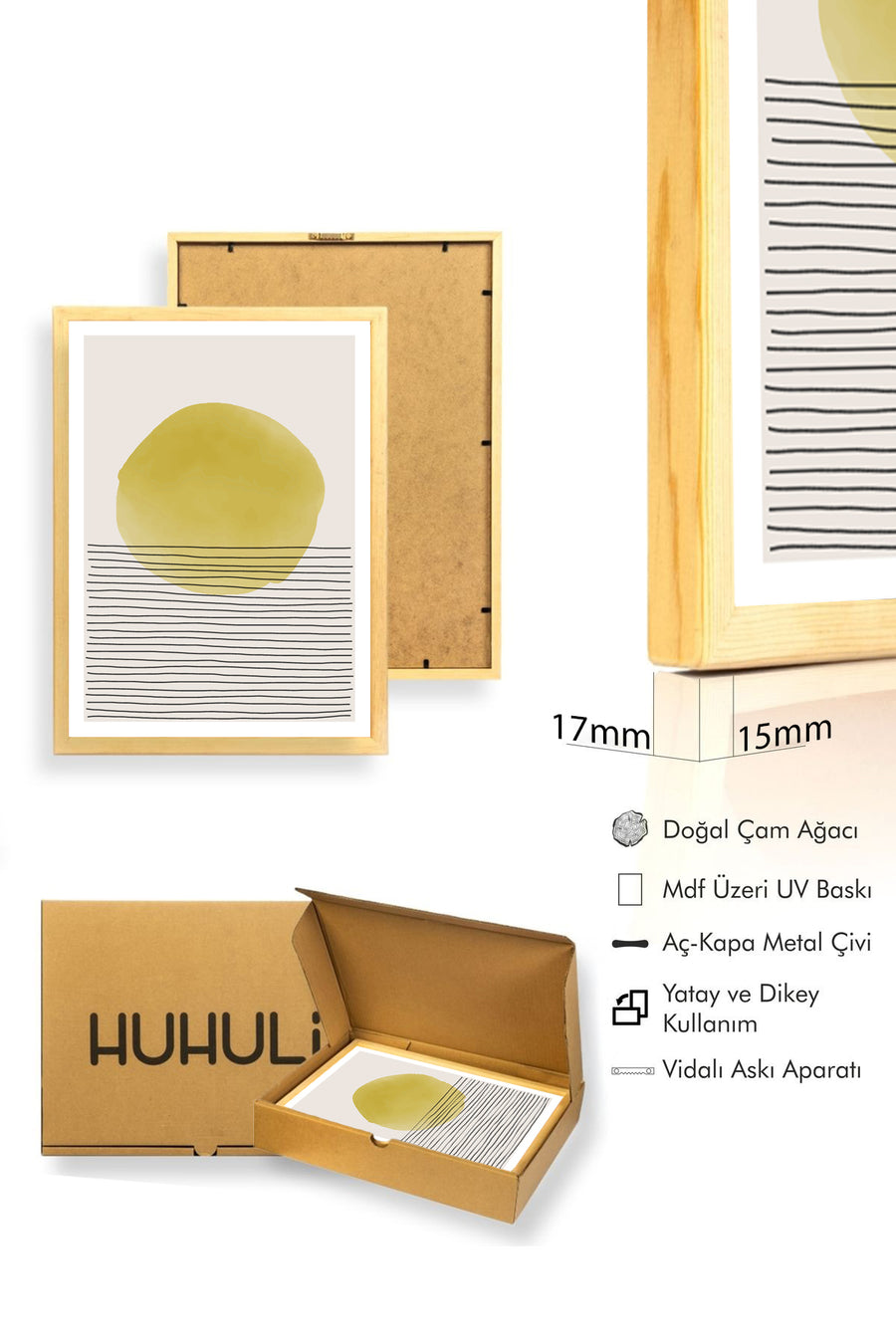 Doğal Ahşap Çerçeveli Soyut Desenli Tablo - Pastel Tonlar | huhu1563