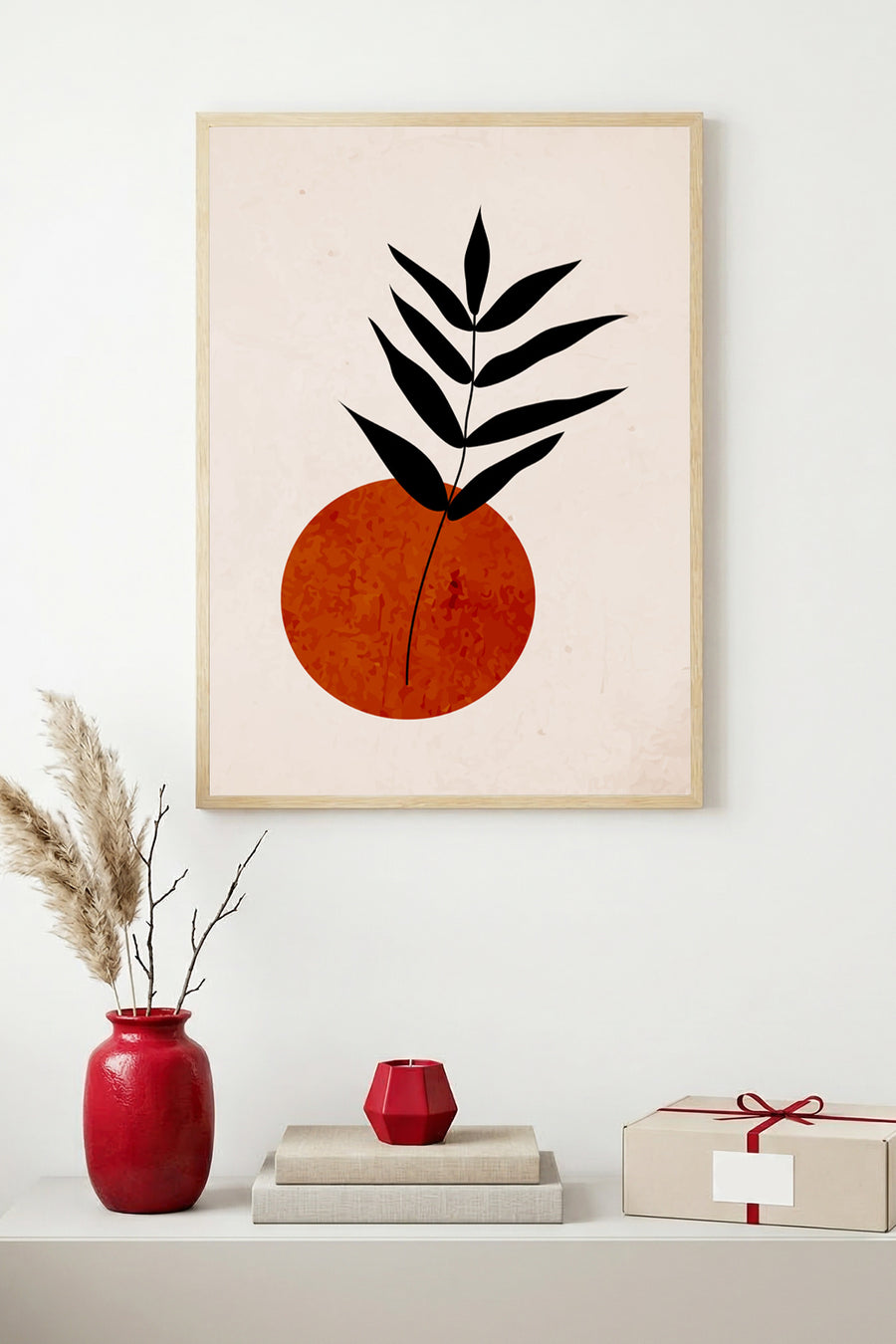 Doğal Ahşap Çerçeveli Minimal Yaprak Desenli Tablo - Canlı Tonlar | huhu1626