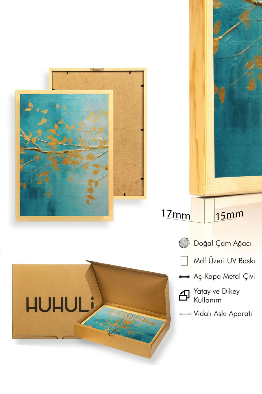 Doğal Ahşap Çerçeveli Yaprak Desenli Tablo - Canlı Tonlar | huhu1333