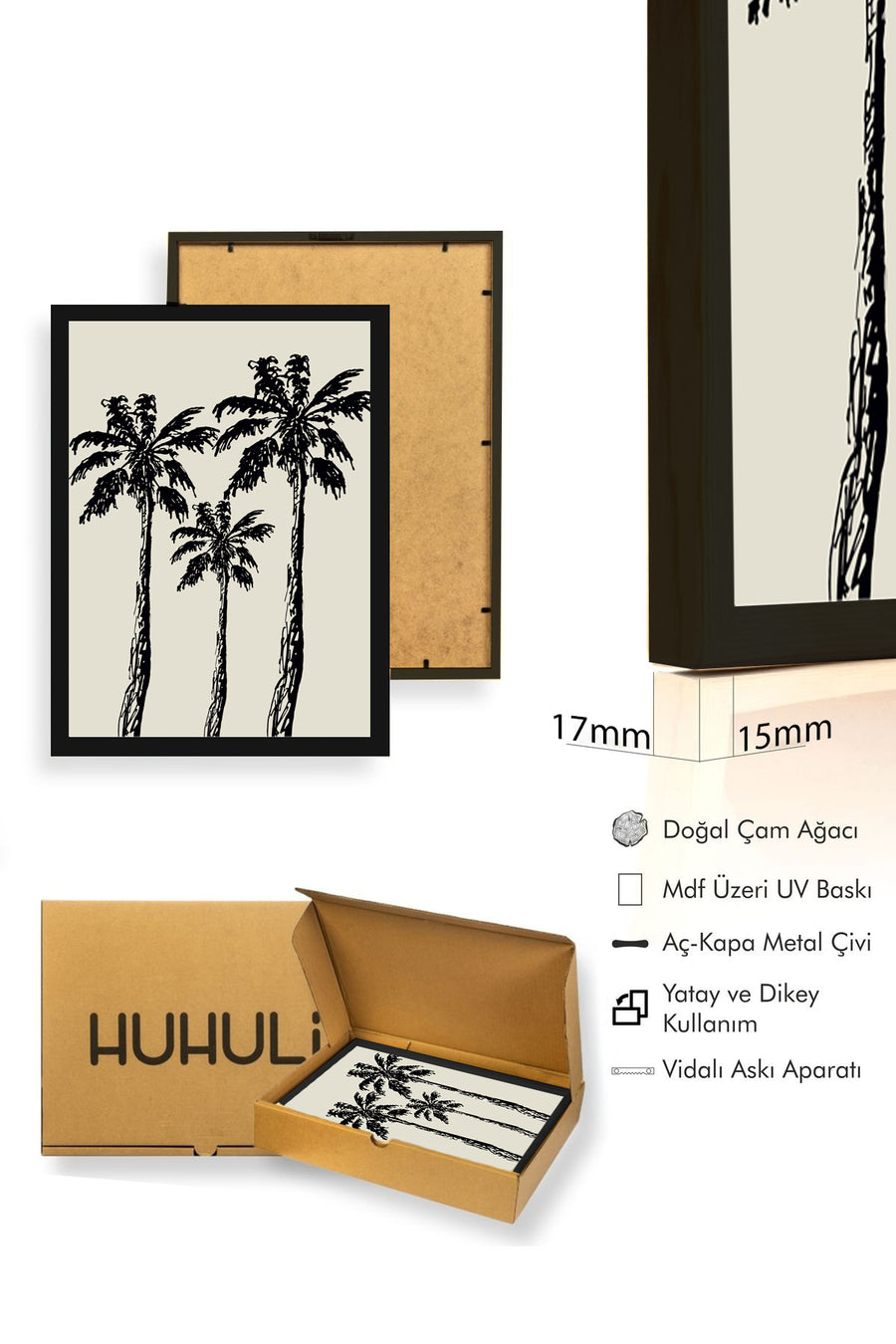 Doğal Ahşap Çerçeveli Minimal Palm Ağaçları Desenli Tablo - Siyah-Beyaz | huhu1074