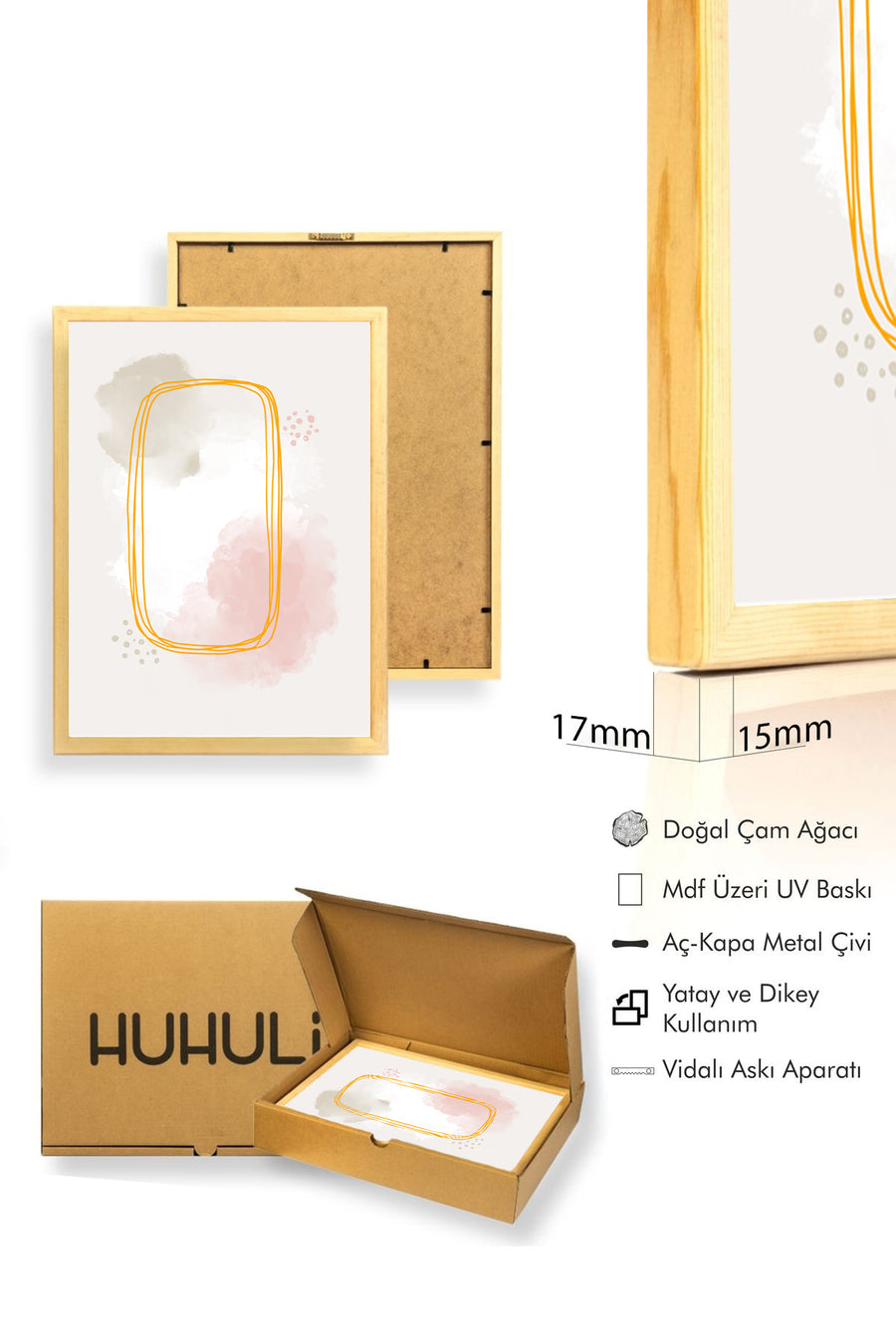 Doğal Ahşap Çerçeveli Soyut Desenli Tablo - Pastel Tonlar | huhu1522
