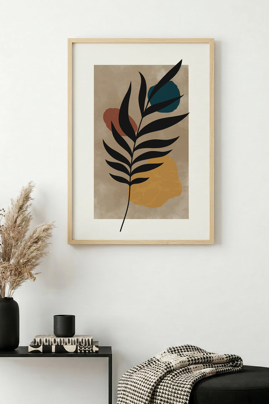 Doğal Ahşap Çerçeveli Minimal Yaprak Desenli Tablo - Canlı Tonlar | huhu1327