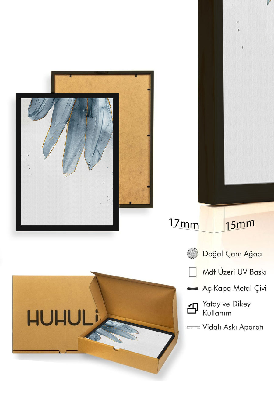 Doğal Ahşap Çerçeveli Soyut Çiçek Desenli Tablo - Mavi-Gold | huhu1299