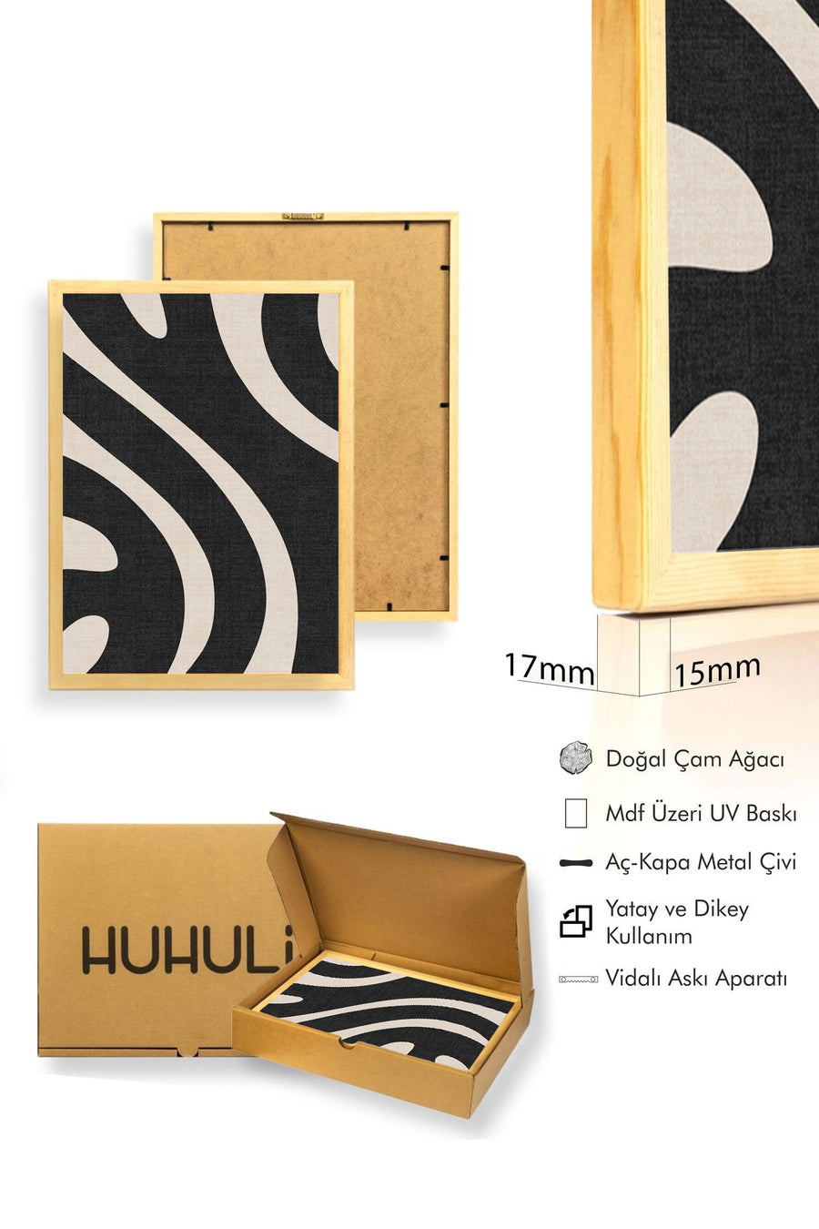 Doğal Ahşap Çerçeveli Geometrik Desenli Tablo - Siyah-Beyaz | huhu1008
