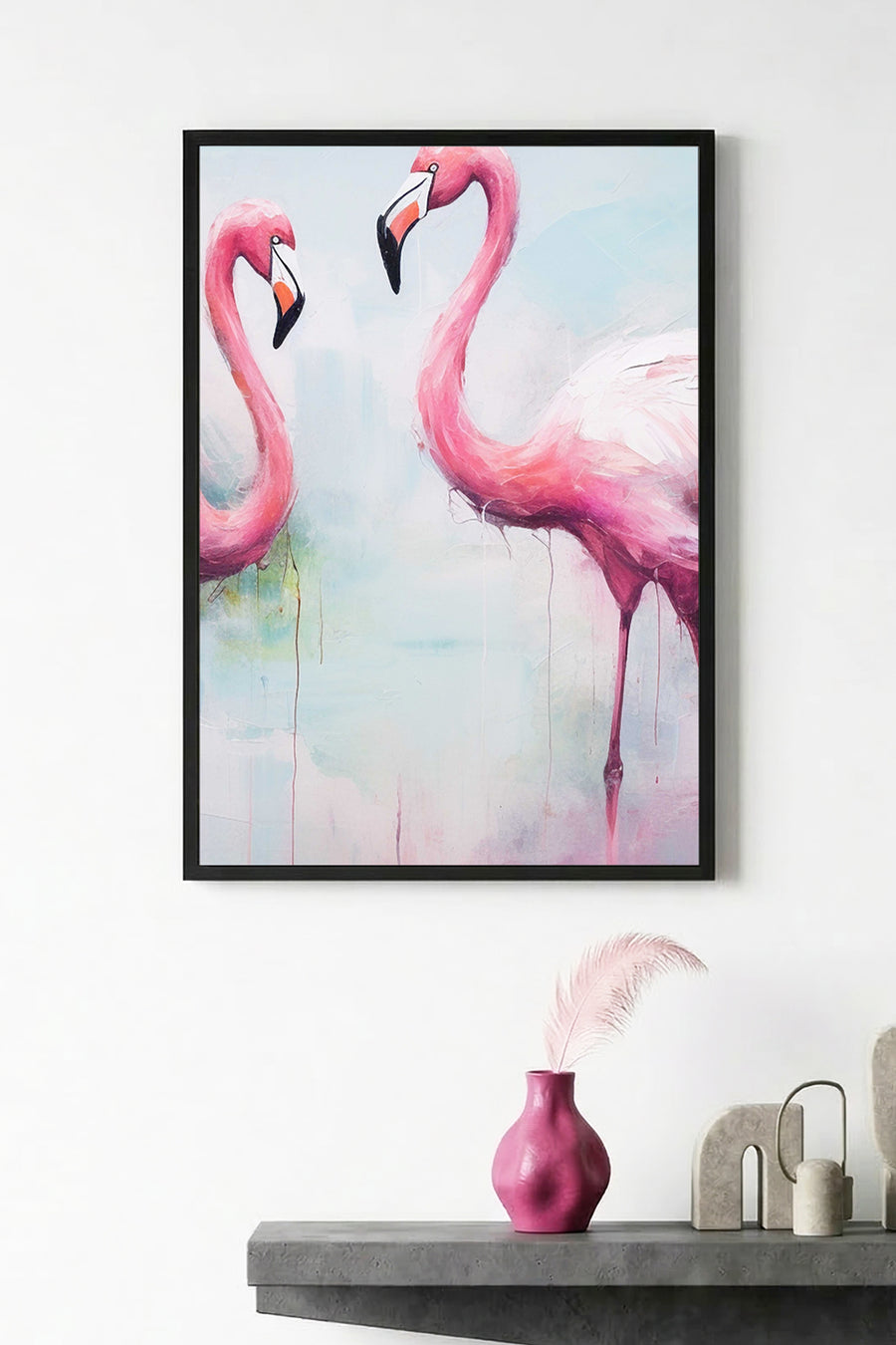 Doğal Ahşap Çerçeveli Flamingo Desenli Tablo - Pastel Tonlar | huhu1303