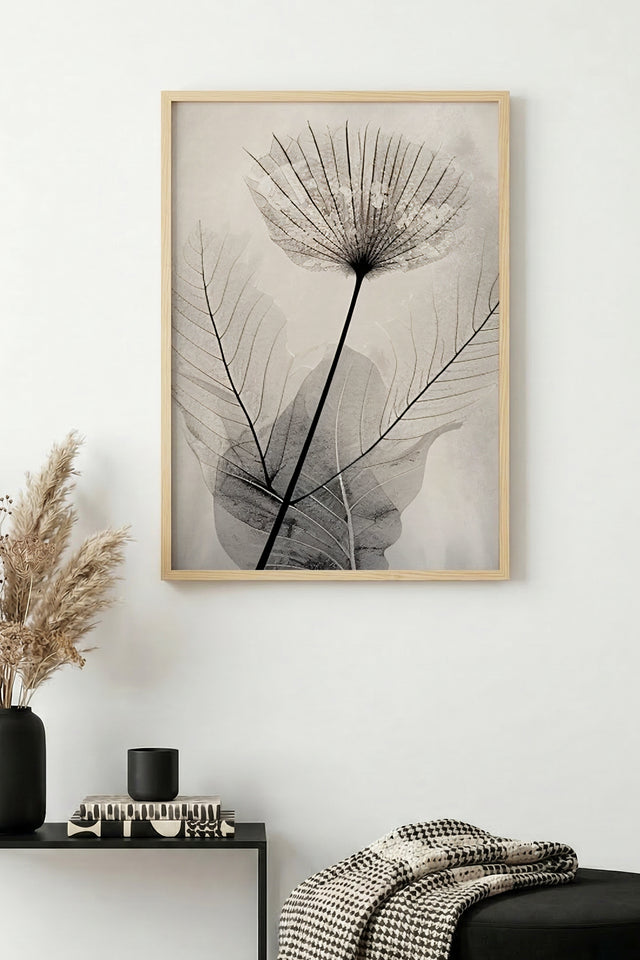 Doğal Ahşap Çerçeveli Minimal Yaprak Desenli Tablo - Siyah Beyaz | huhu1320
