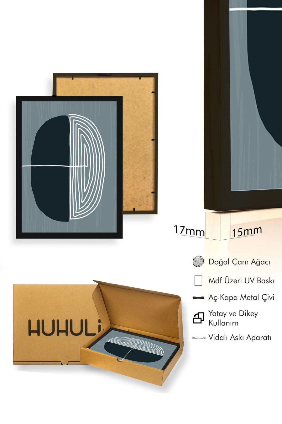 Doğal Ahşap Çerçeveli Minimal Geometrik Tablo - Soğuk Tonlar | huhu1036