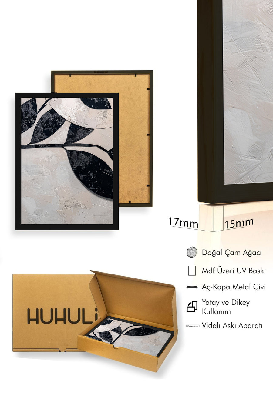 Doğal Ahşap Çerçeveli Minimal Yaprak Desenli Tablo - Siyah-Beyaz | huhu1279