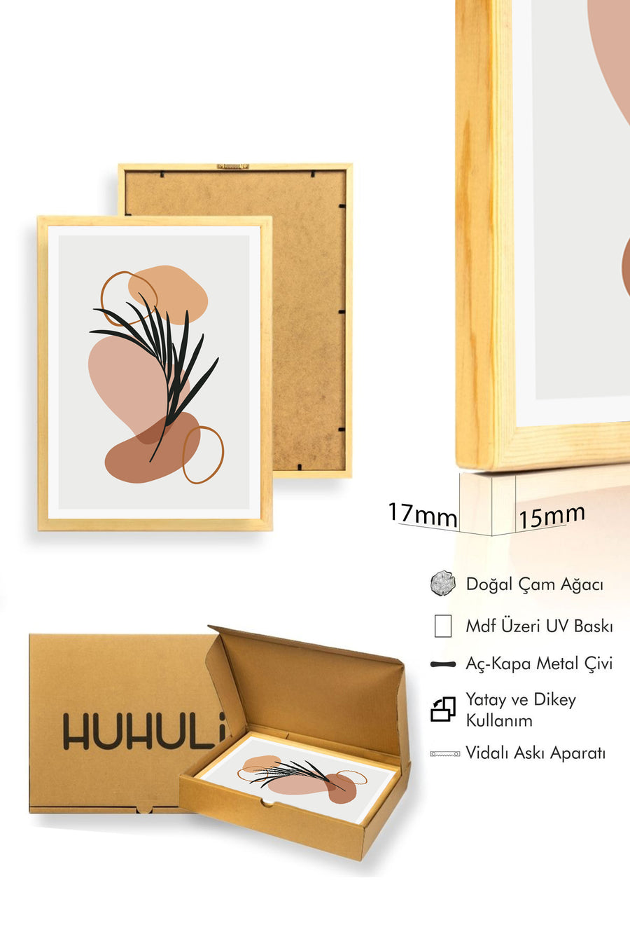 Doğal Ahşap Çerçeveli Soyut Yaprak Desenli Tablo - Pastel Tonlar | huhu1526