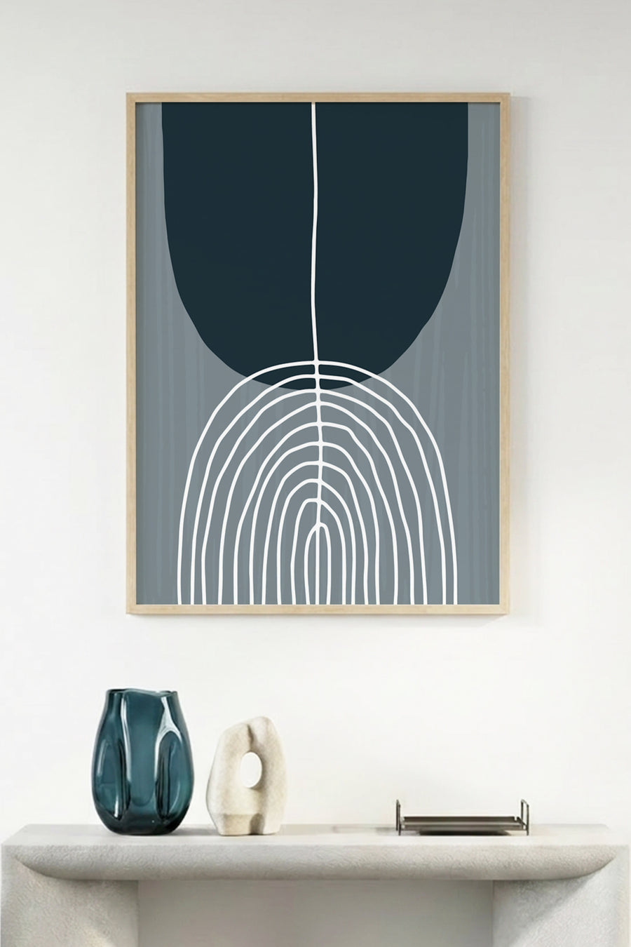 Doğal Ahşap Çerçeveli Minimal Geometrik Desenli Tablo - Soğuk Tonlar | huhu1037