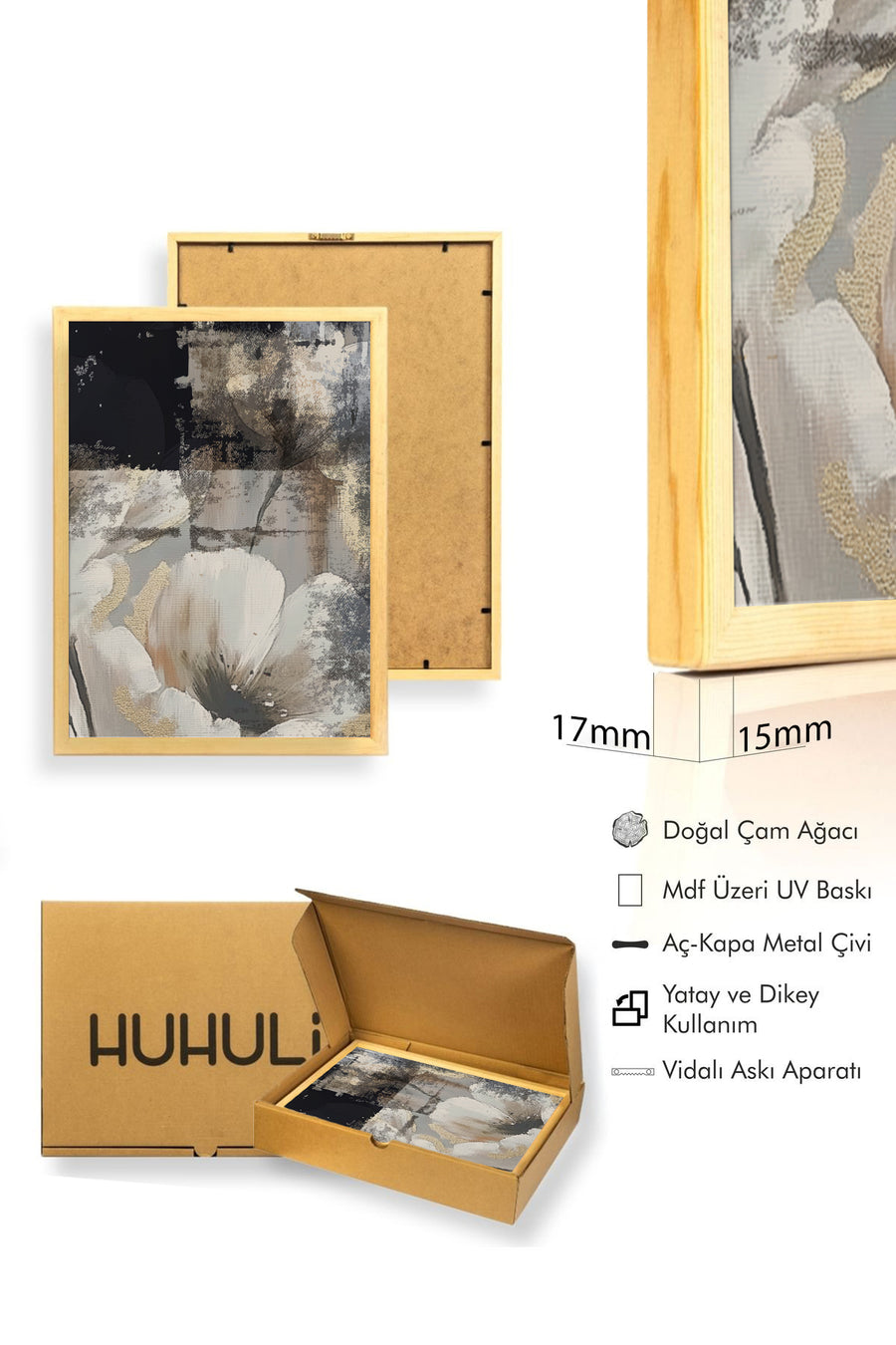 Doğal Ahşap Çerçeveli Soyut Çiçek Desenli Tablo - Pastel Tonlar | huhu1318