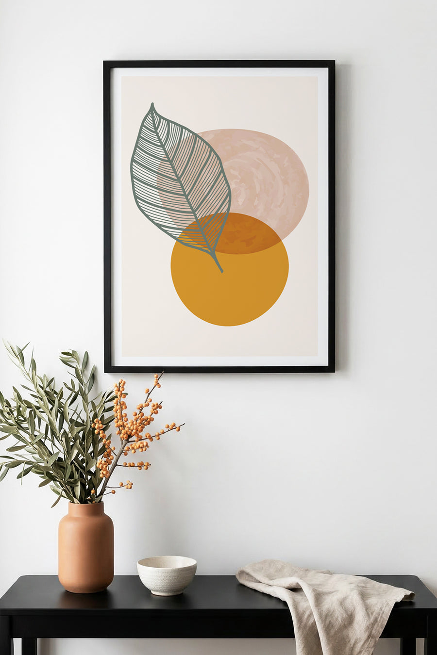 Doğal Ahşap Çerçeveli Yaprak Desenli Tablo - Minimal | huhu1026