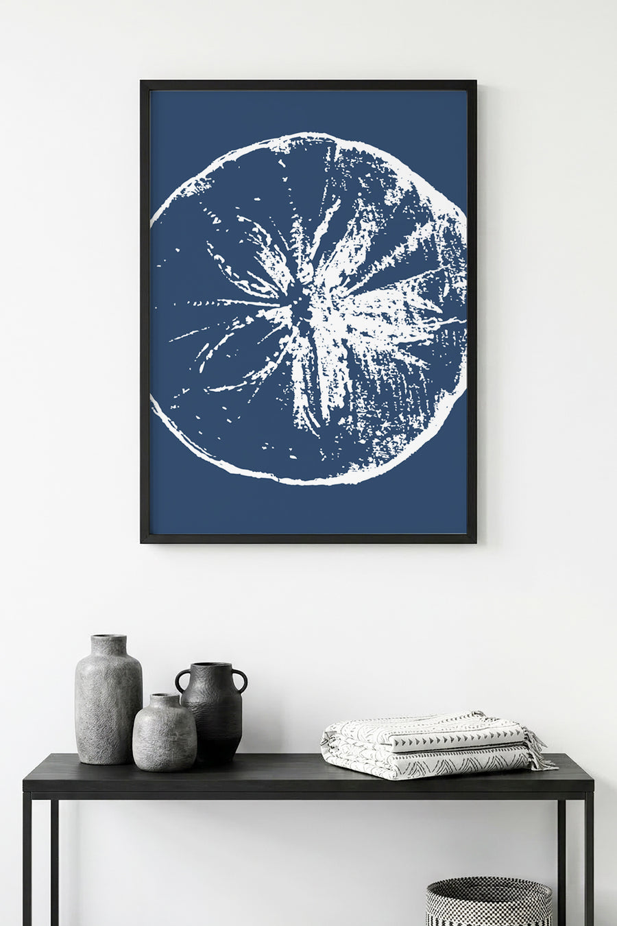 Doğal Ahşap Çerçeveli Soyut Meyve Desenli Tablo - Lacivert | huhu1077