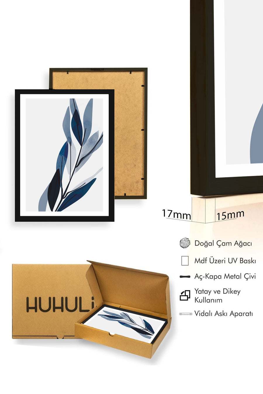 Doğal Ahşap Çerçeveli Minimal Yaprak Desenli Tablo - Mavi Tonlar | huhu1019